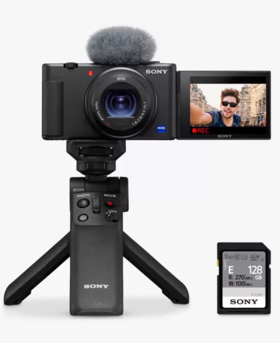 Sony ZV-1 Compact Vlogging Camera with 24-70mm Lens, 2.7x Optical Zoom, 4K Ultra HD, 20.1MP, Wi-Fi, Bluetooth, 3” Vari-Angle Touch Screen, Black, Vlogging Kit with Shooting Grip & 128GB Memory Card — image 1 of 2