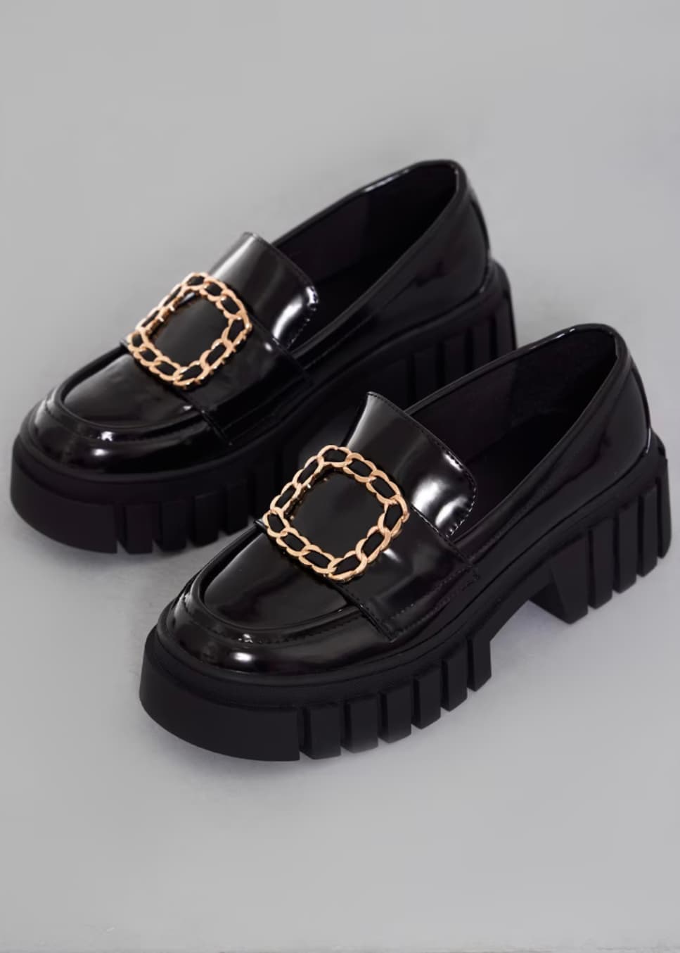 Black Pu Patent Round Chunky Gold Chain Buckle Platform Loafers — image 1 of 3