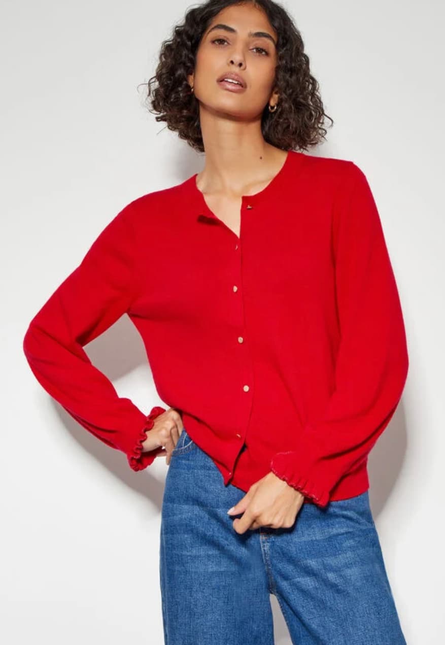 Cora frill crew neck cardigan red — image 1 of 3