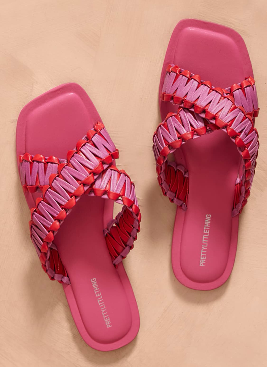 Pink And Red Real Leather Woven Strap Detail Flat Sandals — image 1 of 2
