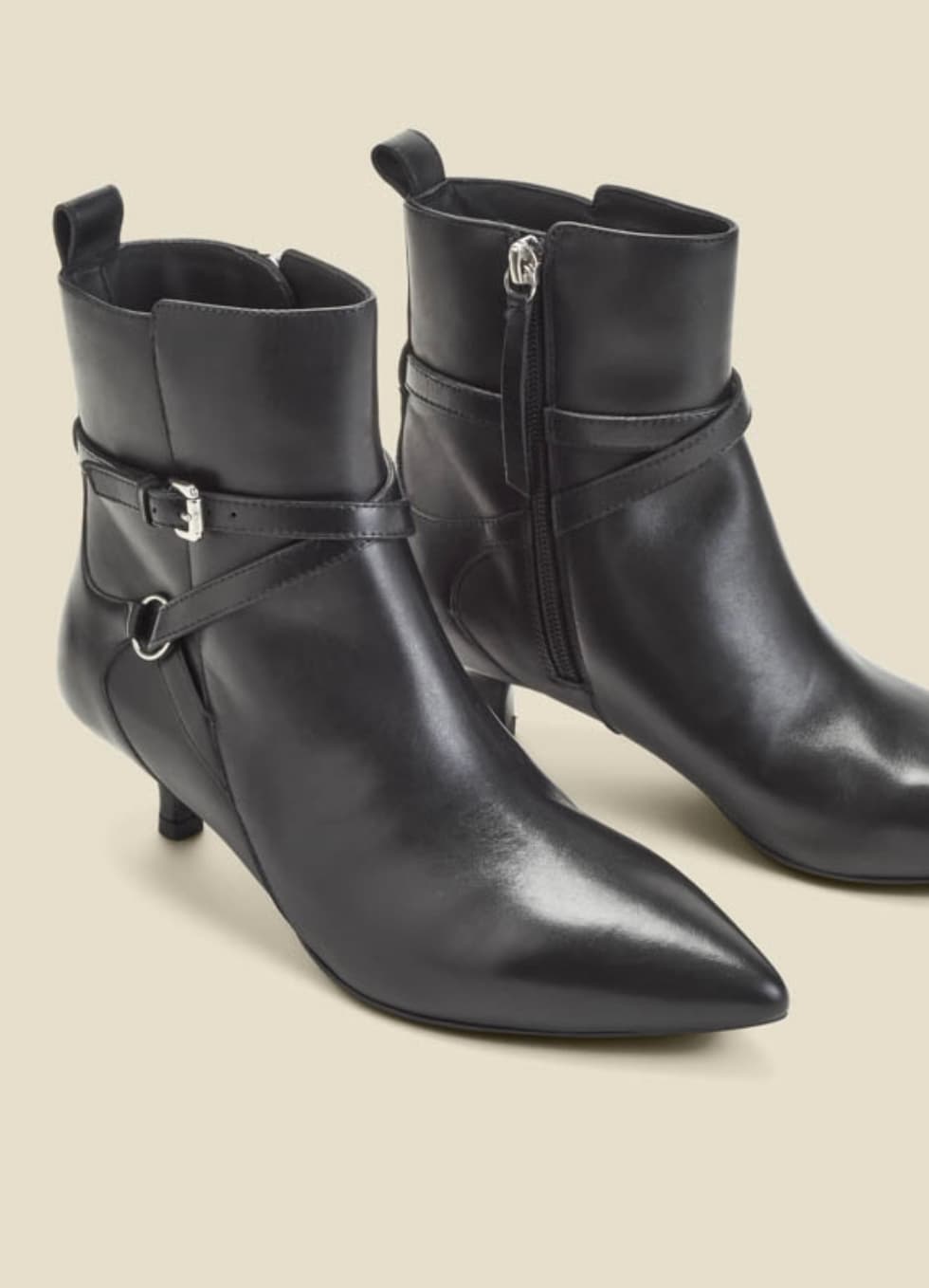 Black Leather Kitten Heel Ankle Boots With Buckle Detail — image 3 of 3
