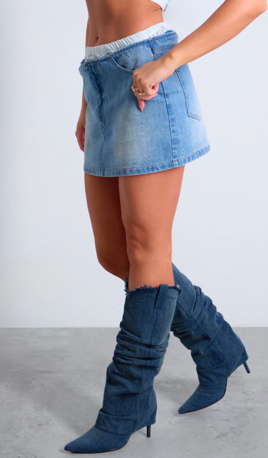 Light Blue Lace Waistband Denim Mini Skirt — image 3 of 4