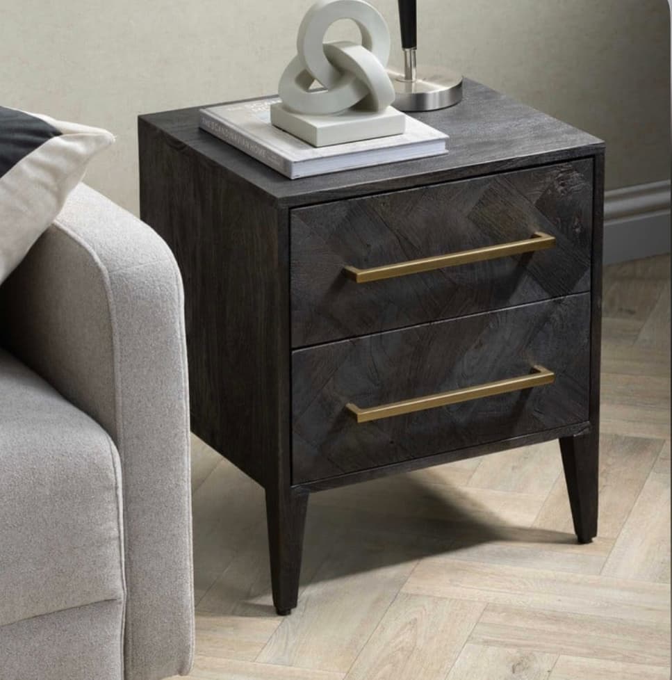 Onyx  2 Drawer Bedside  Black Mango and Antique Brass Handles — image 2 of 2