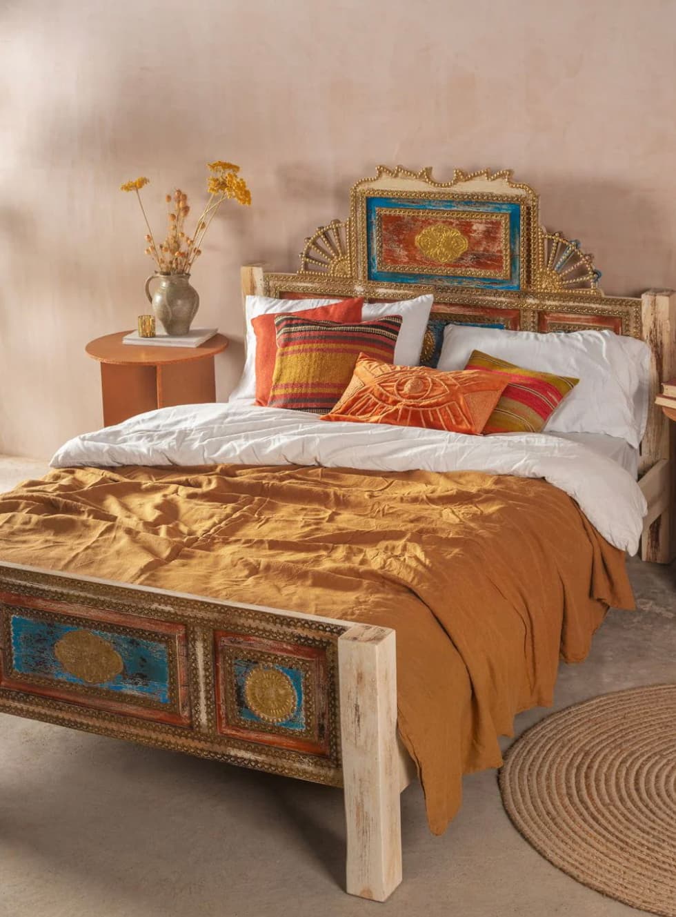 Bohemian Carved Bed with Vintage Finish — image 1 of 3