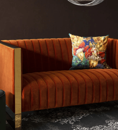 Retro 50's Style Burnt Orange Velvet 2 Seater Sofa With Gold Trim — image 2 of 2