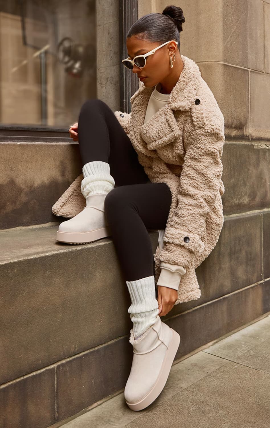 Cream Faux Suede Round Toe Thick Flat Sole Ankle Boots — image 2 of 3