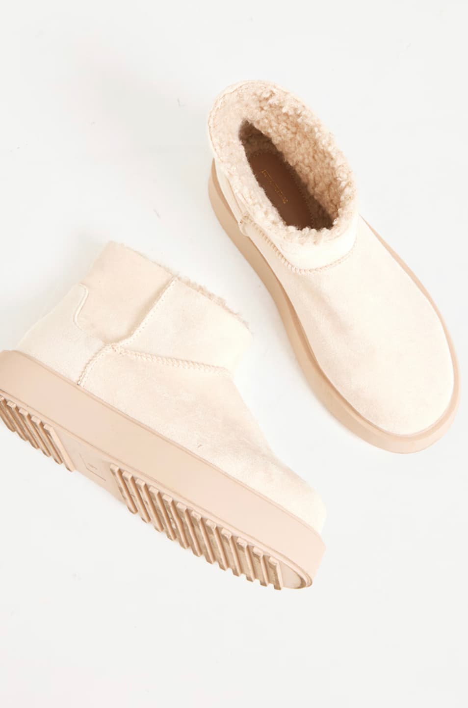 Cream Faux Suede Round Toe Thick Flat Sole Ankle Boots — image 3 of 3