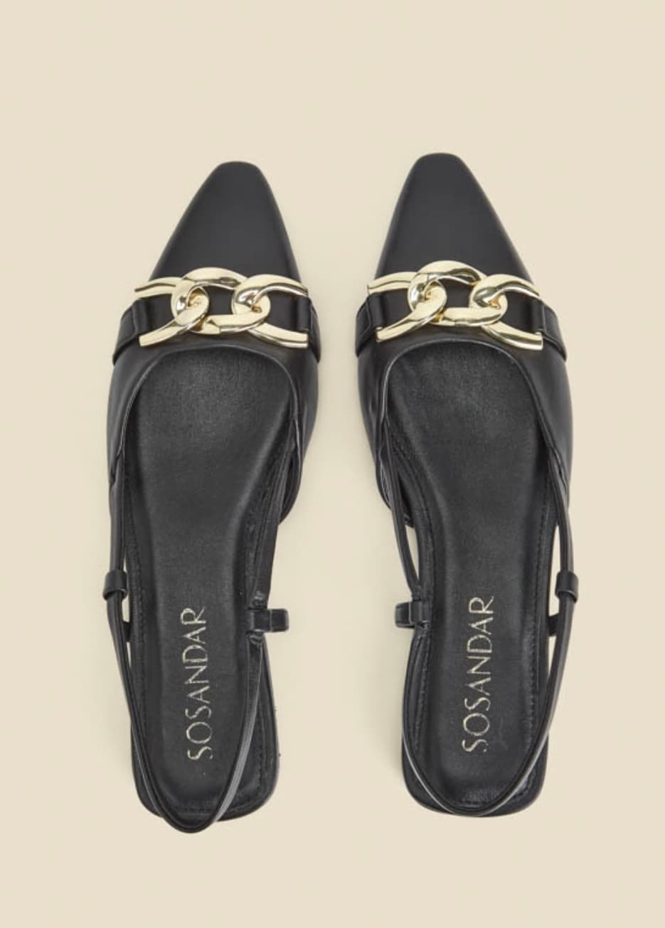 Black Leather Pointed Toe Flat Slingback Shoe With Gold Trim — image 2 of 2