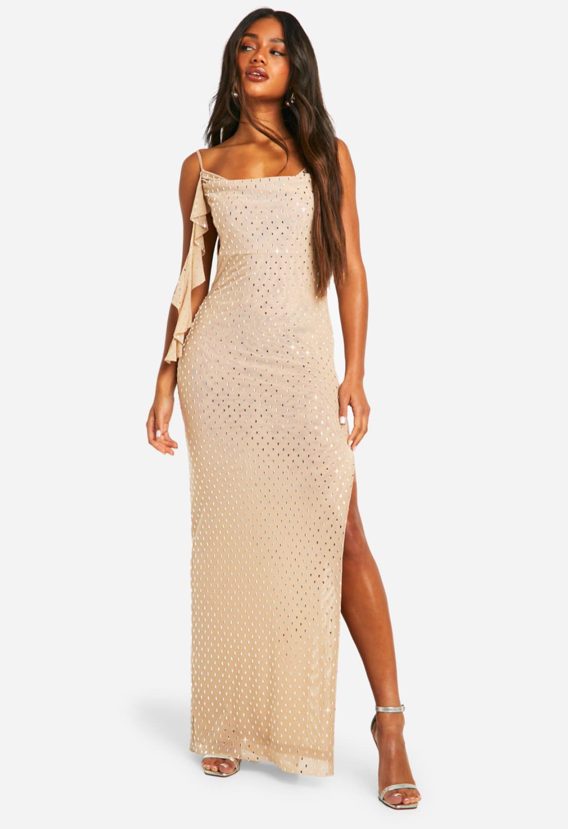 HOTFIX DIAMANTE COWL NECK FRILL MAXI DRESS — image 3 of 3