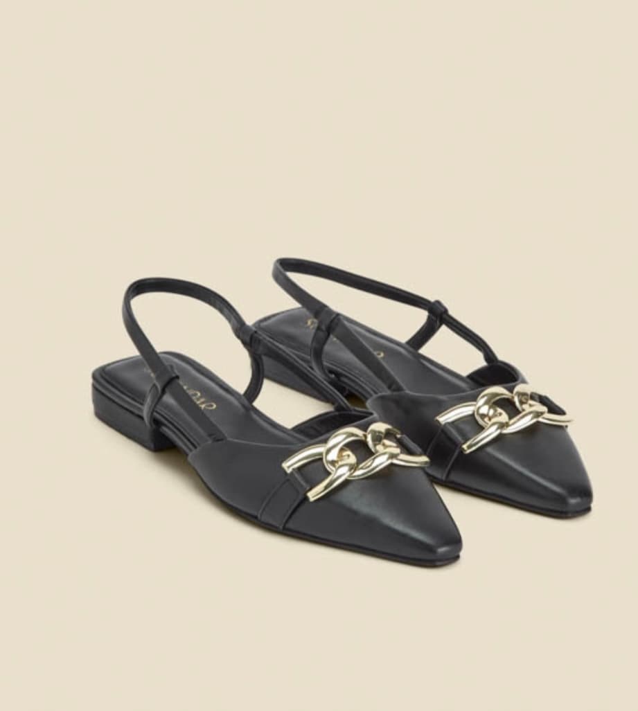 Black Leather Pointed Toe Flat Slingback Shoe With Gold Trim — image 1 of 2