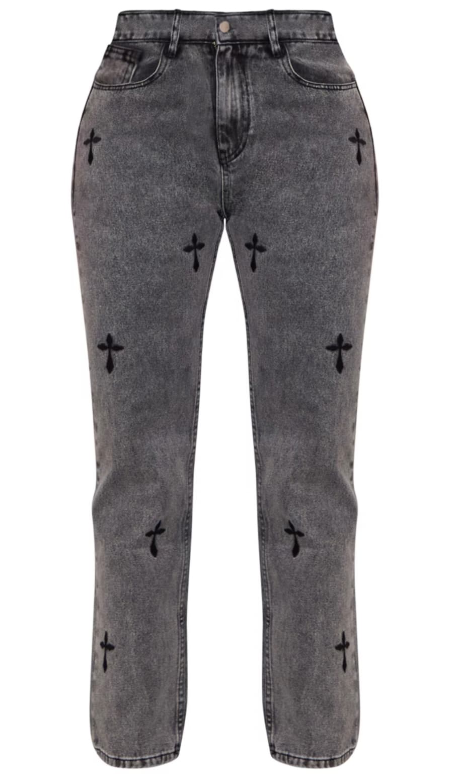 Washed Grey Cross Print Long Leg Straight Leg Jeans — image 3 of 3