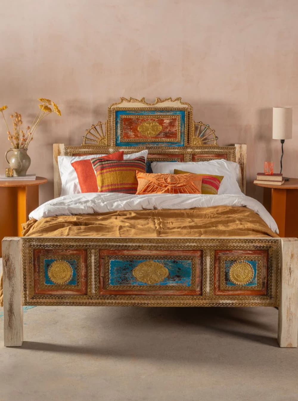 Bohemian Carved Bed with Vintage Finish — image 2 of 3