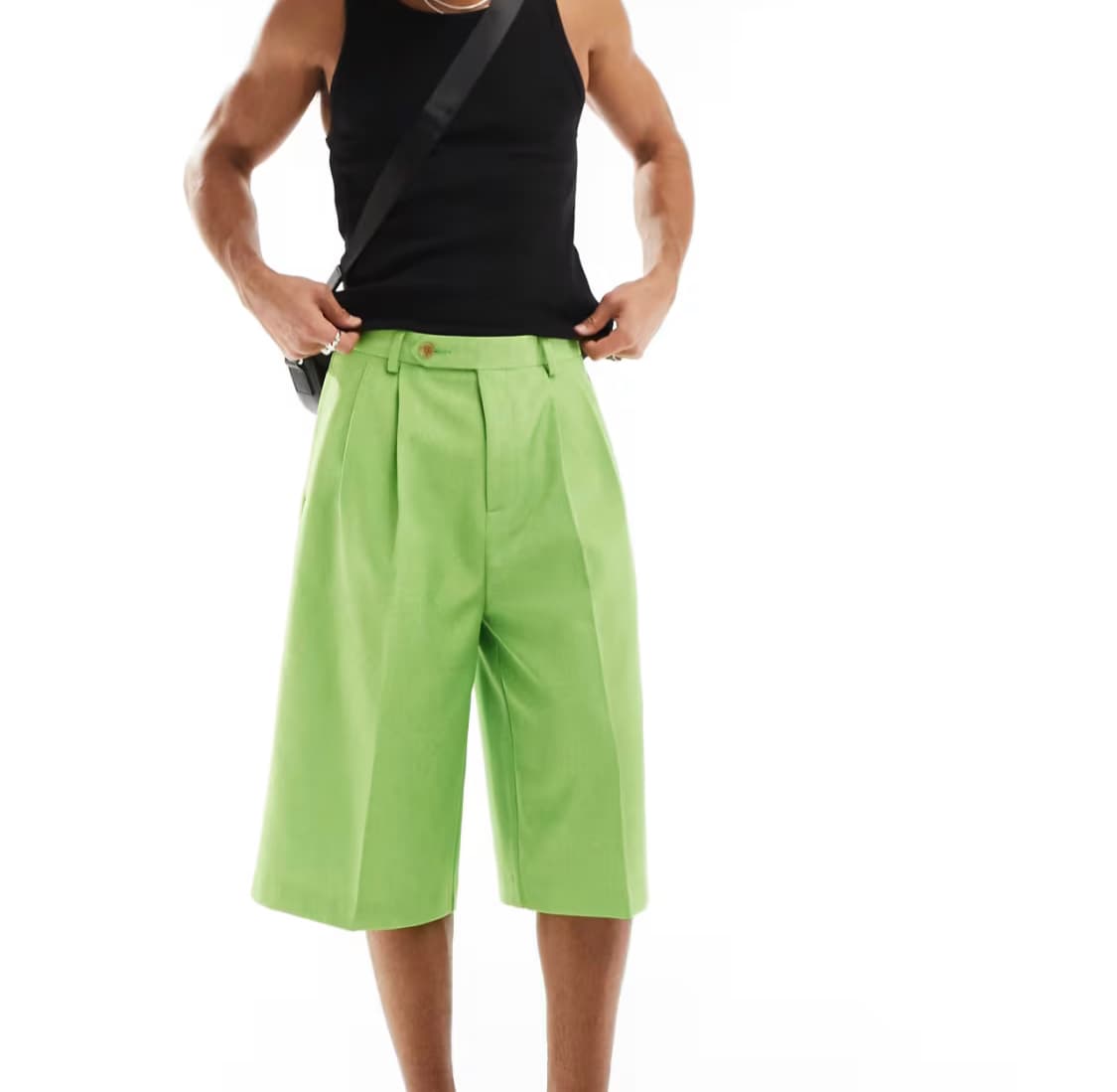 ASOS DESIGN smart linen blend longline shorts in bright green — image 1 of 3