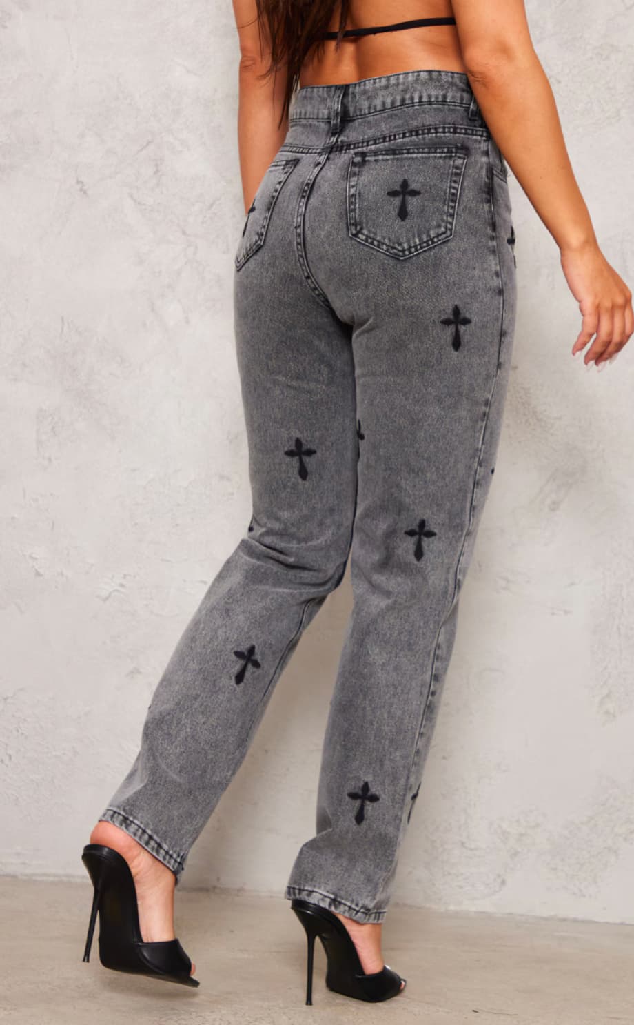 Washed Grey Cross Print Long Leg Straight Leg Jeans — image 1 of 3