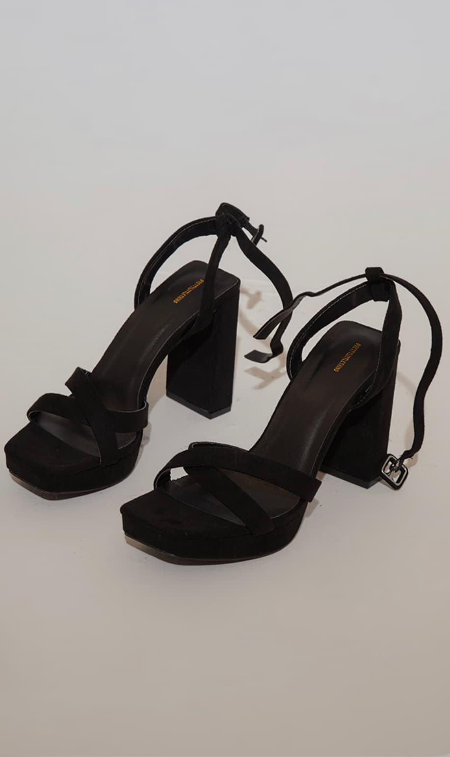 Black Faux Suede Square Toe Lace Up Flat Chunky Heeled Platforms — image 1 of 2