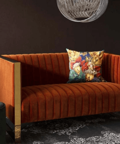 Retro 50's Style Burnt Orange Velvet 2 Seater Sofa With Gold Trim — image 1 of 2