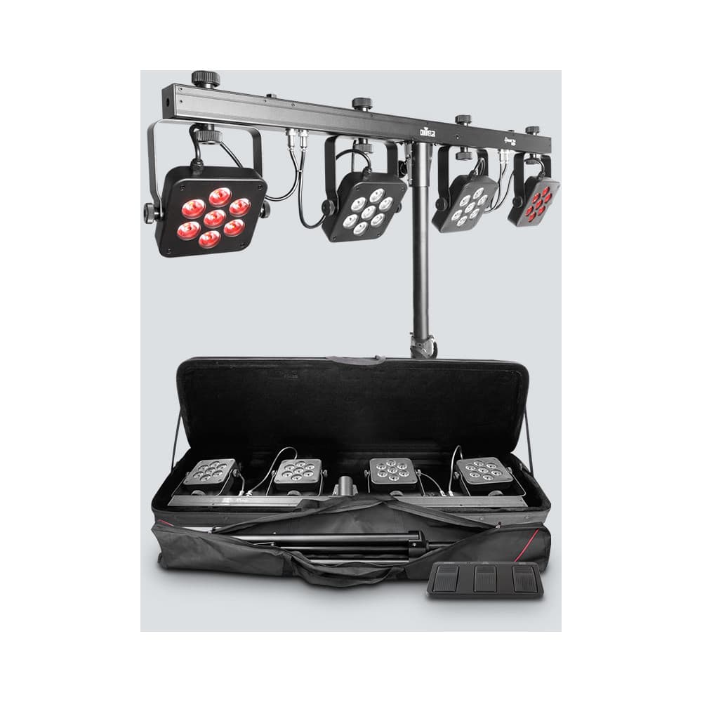 CHAUVET 4 BAR TRI USB LED LIGHTING PACKAGE - 4 TRI LED CANS ON T BAR W/STAND, FOOTSWITCH & CASE — image 1 of 4