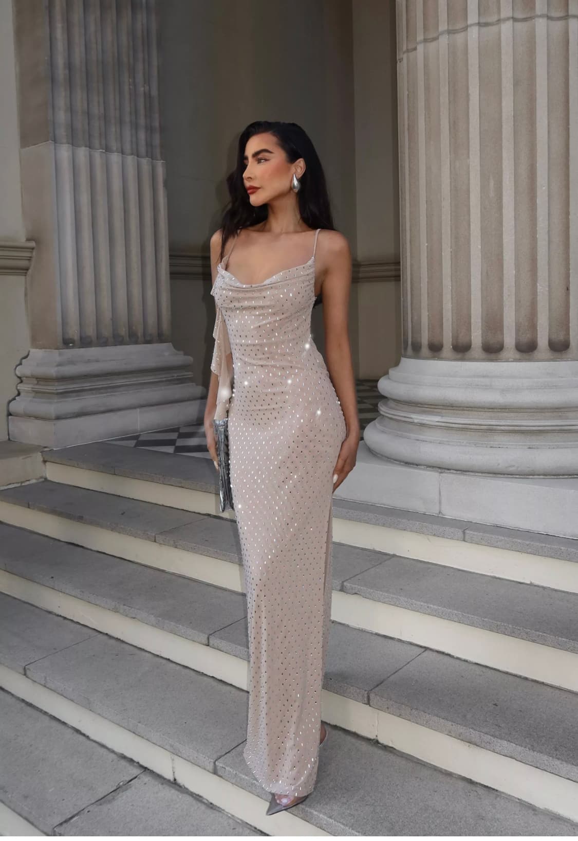 HOTFIX DIAMANTE COWL NECK FRILL MAXI DRESS — image 1 of 3