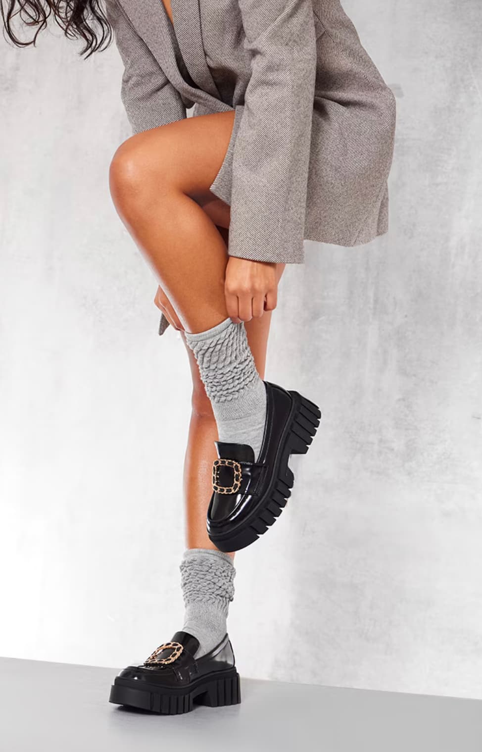 Black Pu Patent Round Chunky Gold Chain Buckle Platform Loafers — image 2 of 3