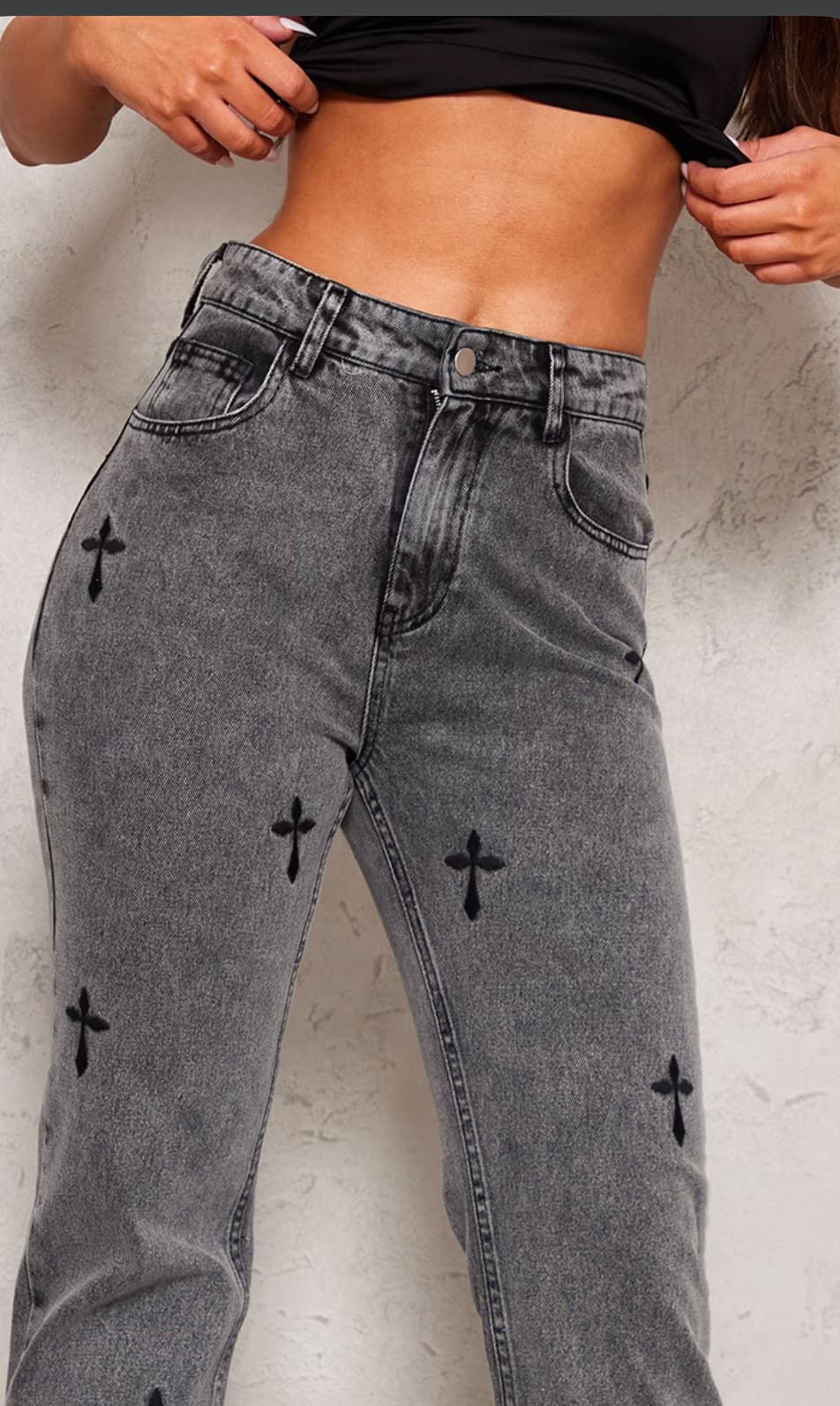 Washed Grey Cross Print Long Leg Straight Leg Jeans — image 2 of 3