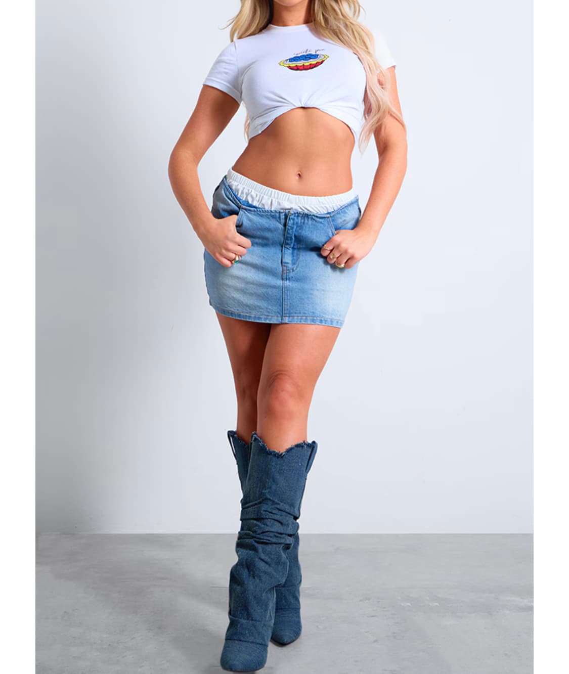 Light Blue Lace Waistband Denim Mini Skirt — image 1 of 4
